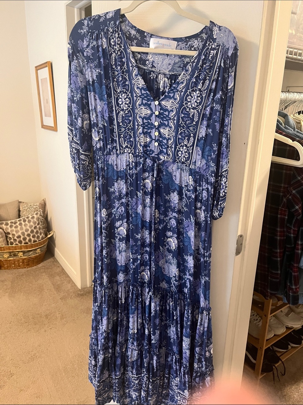 Blue Floral Tiered Maxi Dress with Embroidered Bib